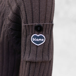 Brown Knit sweater pocket with button and BLAMO patch
