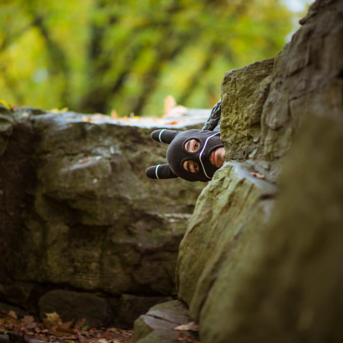 Person wearing a black beanie peeking from behind a stone wall in a forest