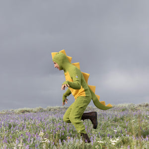 Person wearing a green dinosaur costume running through a field with purple flowers and a gray sky.