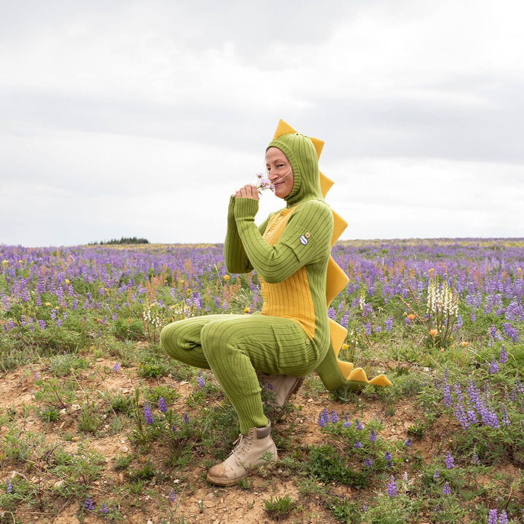 Person wearing a green dinosaur costume in a field of flowers