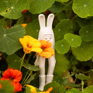 White rabbit-shaped object among green leaves and orange flowers