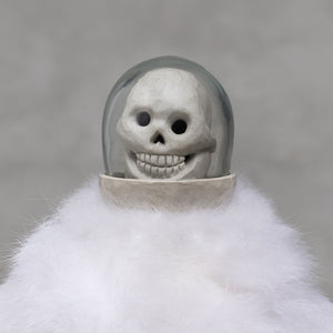 Skull in a glass dome with a white fuzzy body with a gray background