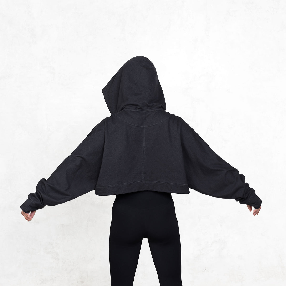 Model shown from the back from the waist up wearing black cropped French terry Daydreamer Hoodie with boxy fit.

