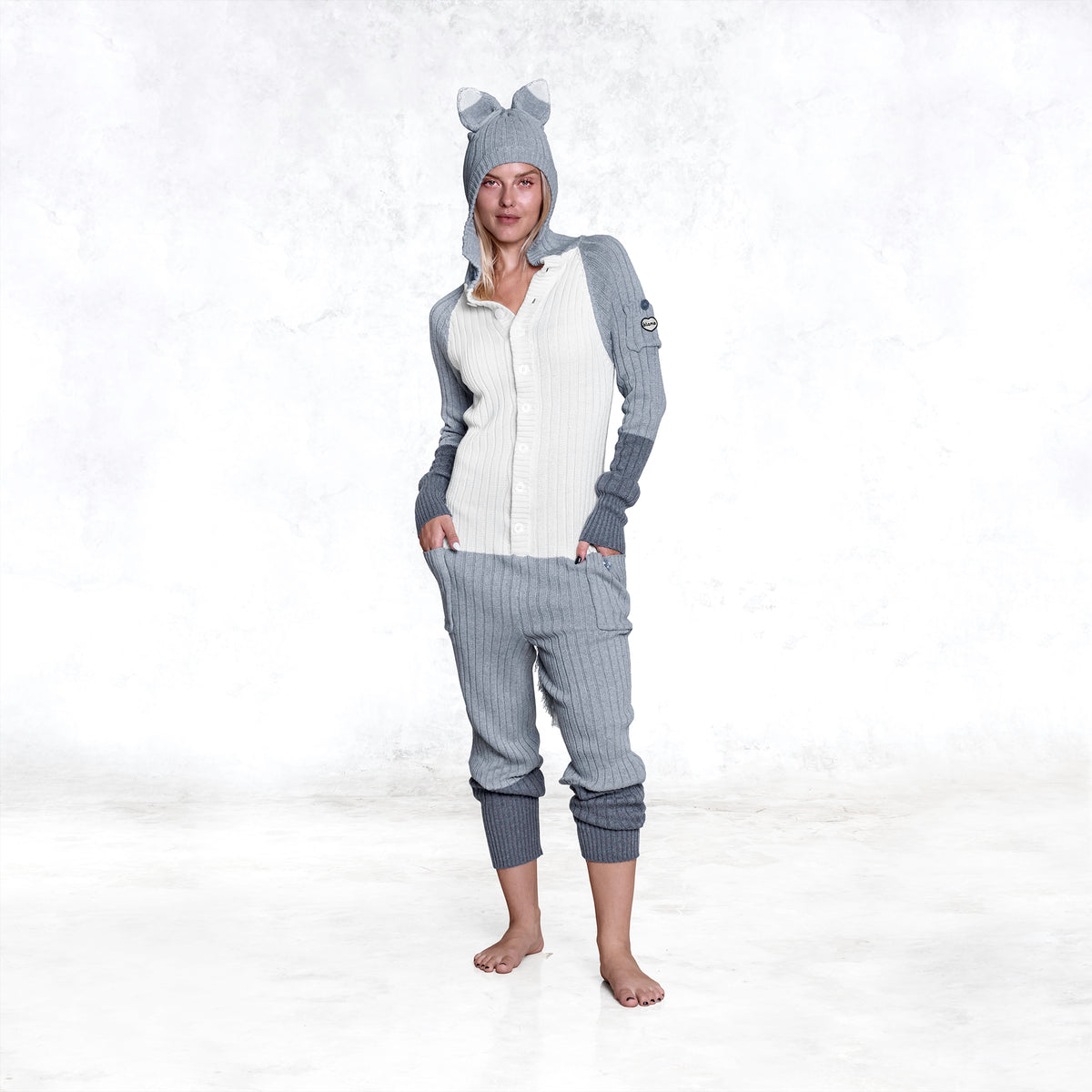 Adult Gray Fox Cotton Knit Jumpsuit with Tail