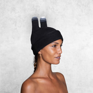 Adult Black Bunny Mask with Ears rolled up like a beanie