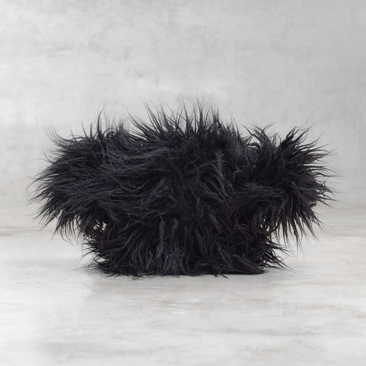 Black fluffy creature on a light gray background