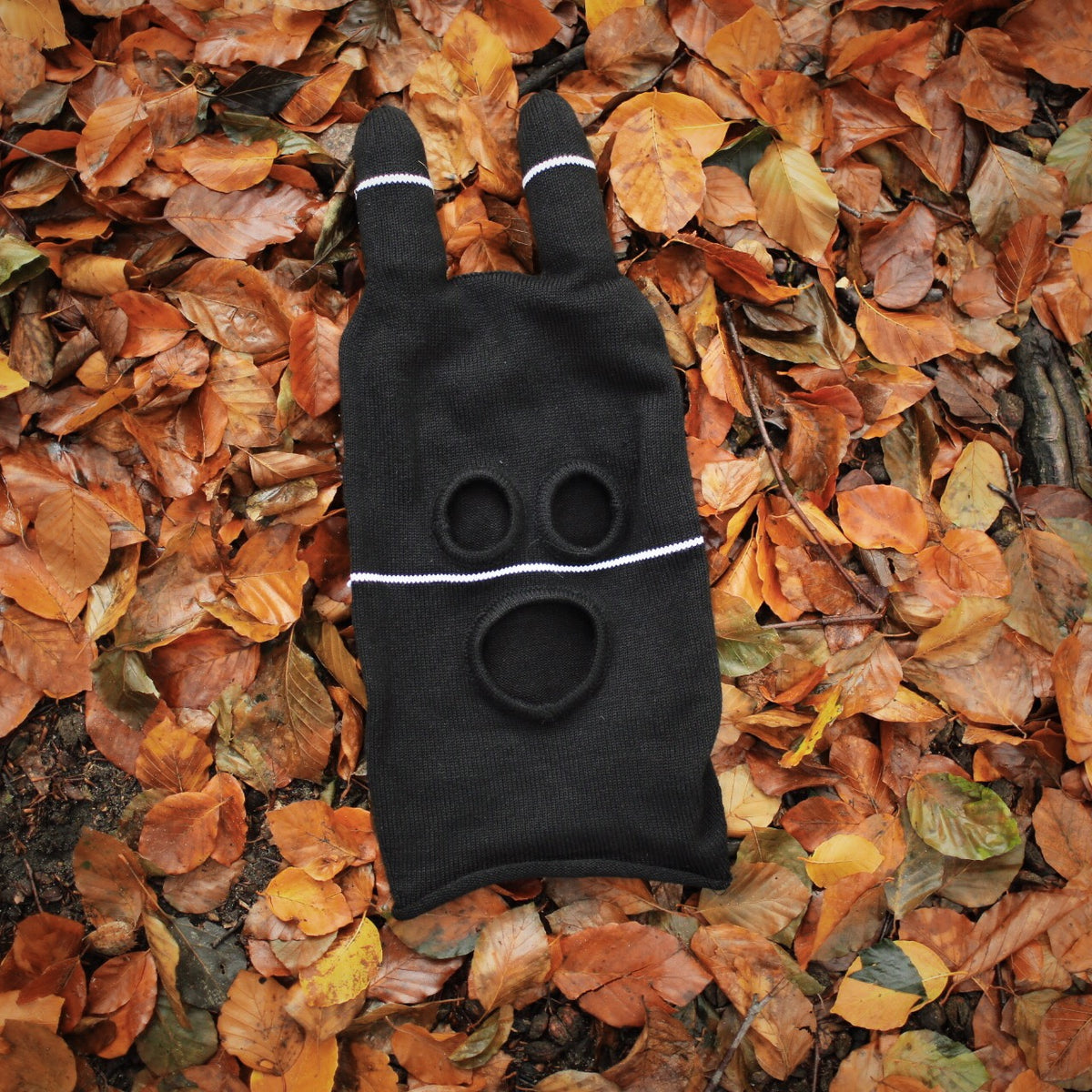 Black mask with mouth and eye holes on a bed of autumn leaves