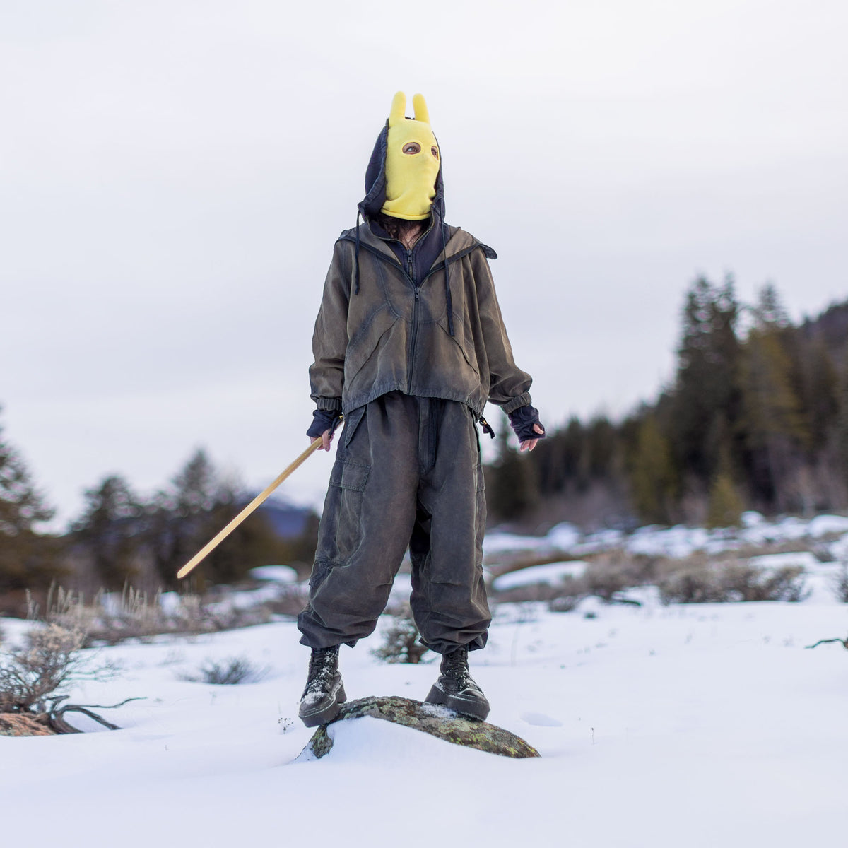 Person in a yellow mask and dark outfit standing in a snowy landscape with trees in the background.