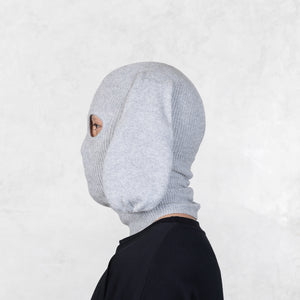 Person wearing a Blamo Lop gray knit balaclava with ears against a white background