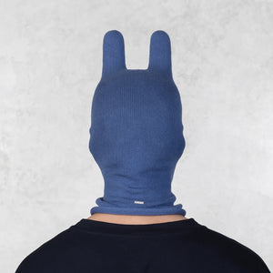 Person wearing a blue knitted mask with ears on a light gray background