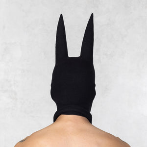 Person wearing a black hood with long spikes against a light gray background 