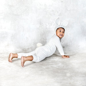 white hooded baby bunny onesie