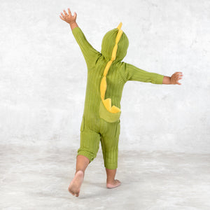 green and yellow baby dinosaur suit