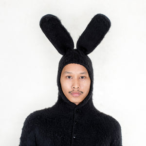 Adult Hand Brushed Knit Black Bunny Onesie