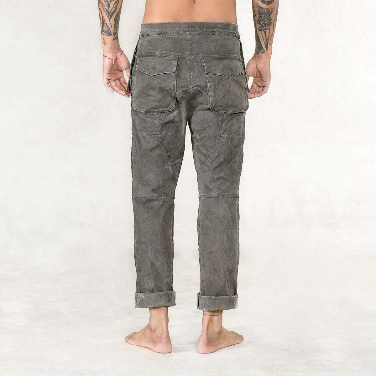 Hand Painted White Stretch Twill Cotton Pants with Pockets