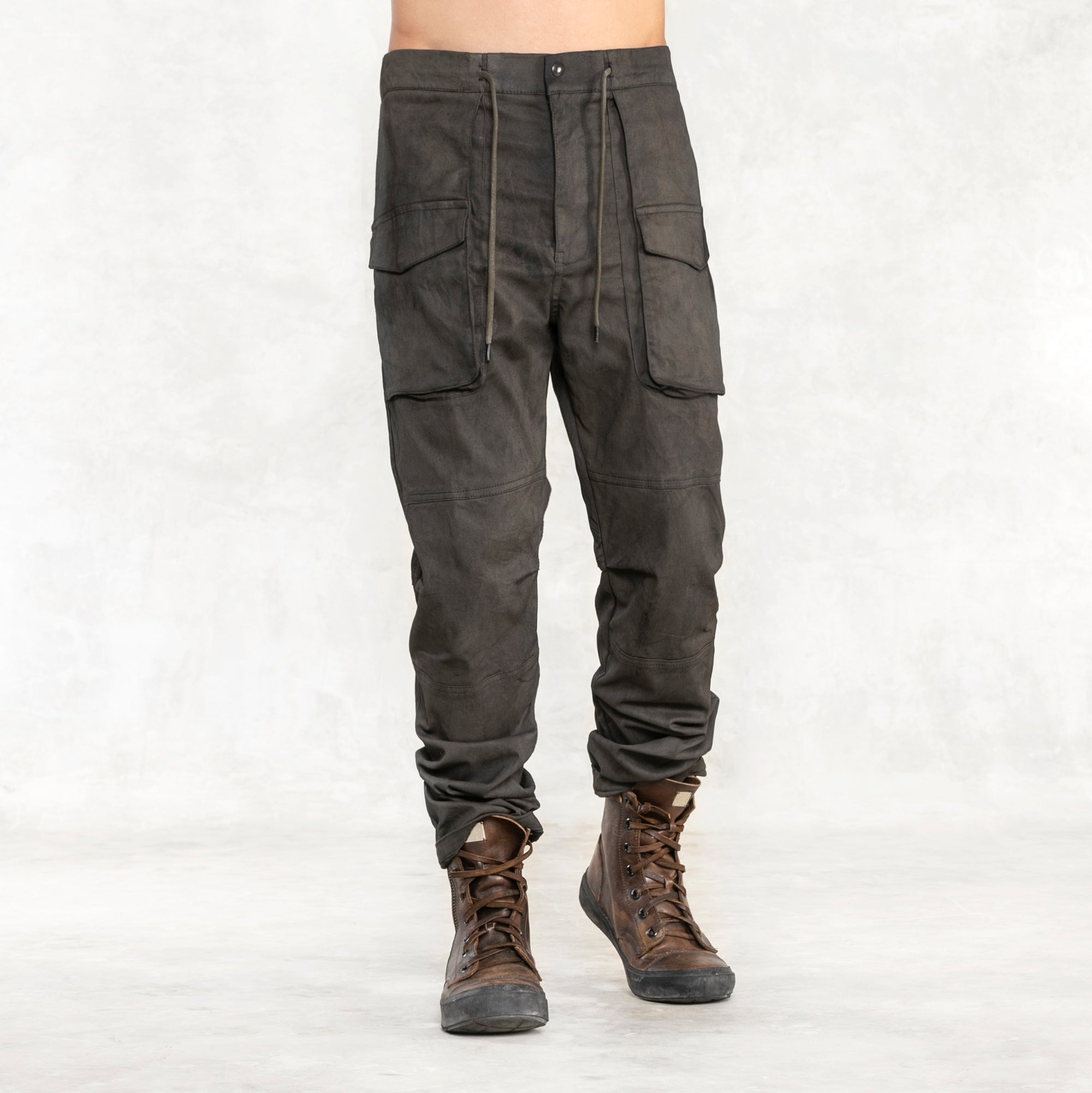 Hand Painted Dark Brown Stretch Twill Pants with Draw String