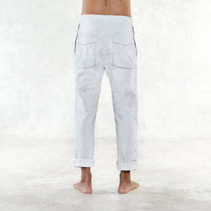Hand Painted White Stretch Twill Cotton Pants with Pockets