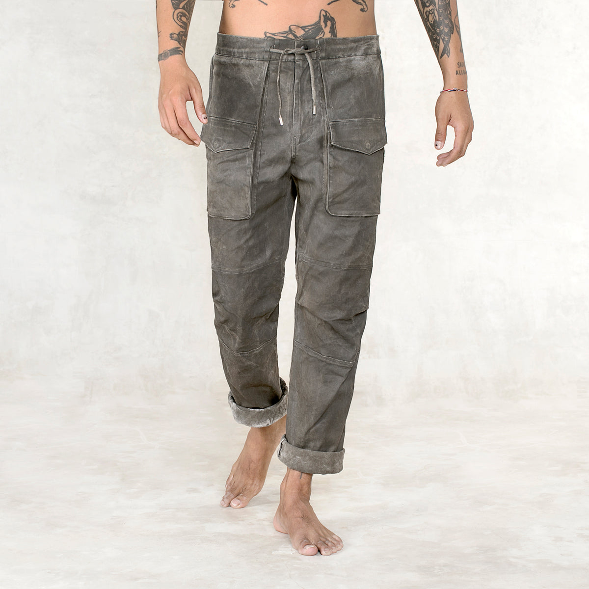 Hand Painted Olive Green Stretch Twill Cotton Pants