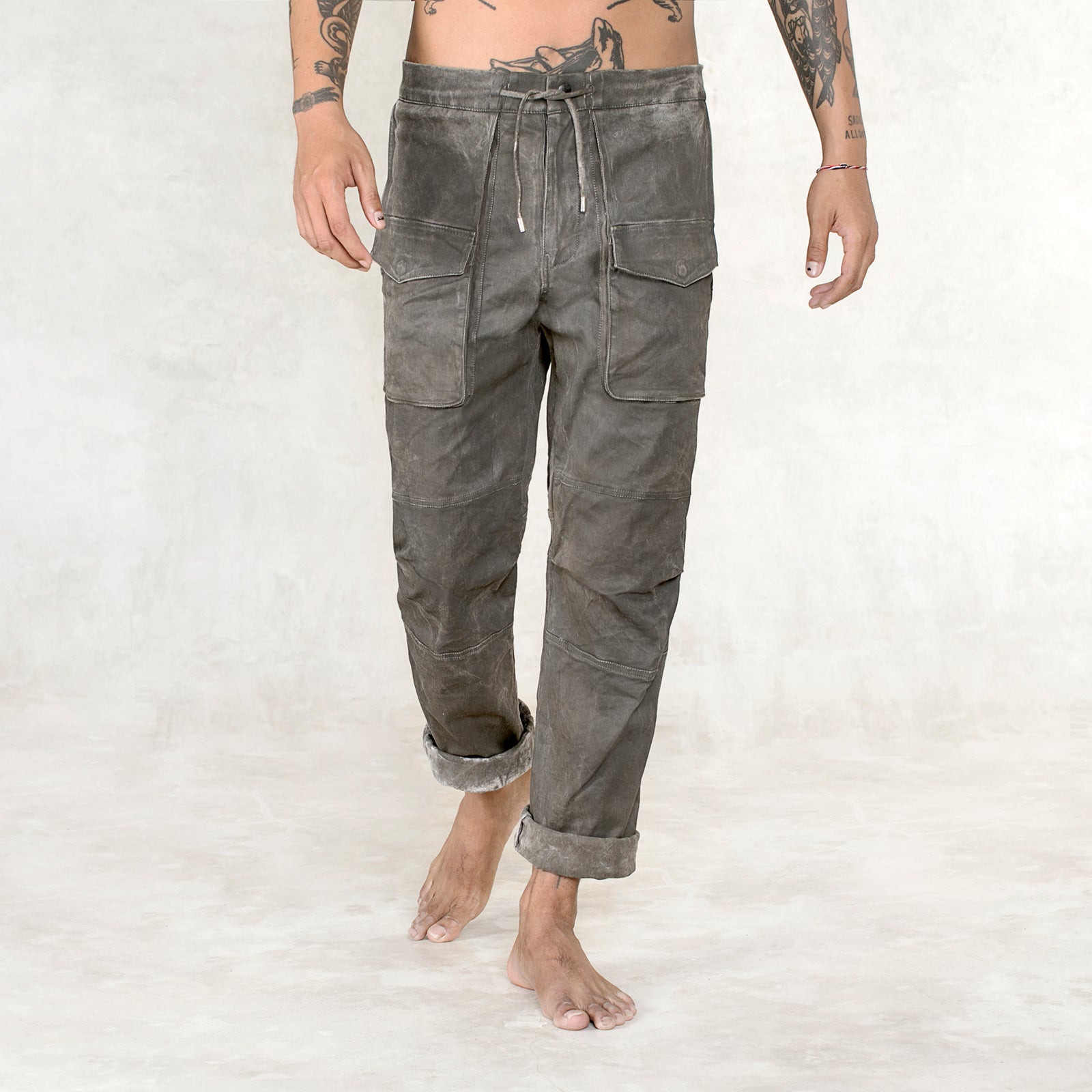 Hand Painted Olive Green Stretch Twill Cotton Pants