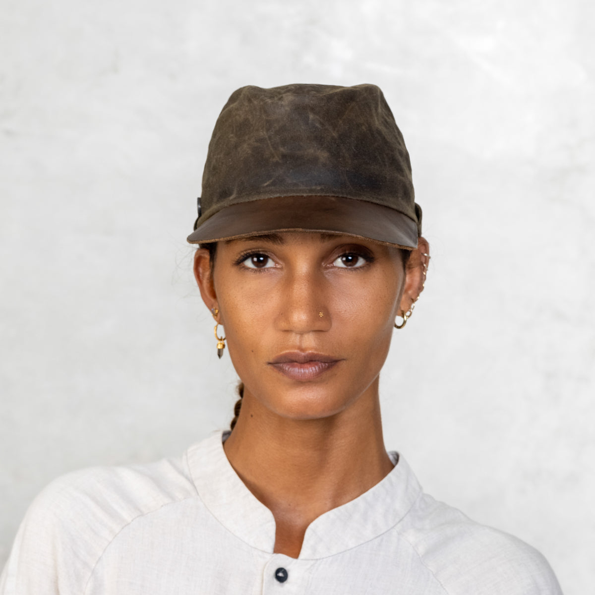 Hand Painted Olive Green Leather and Canvas Hat