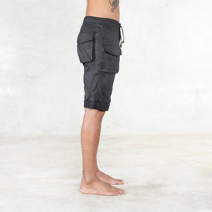 Adjustable Black Stretch Twill Cotton Shorts with Drawstring