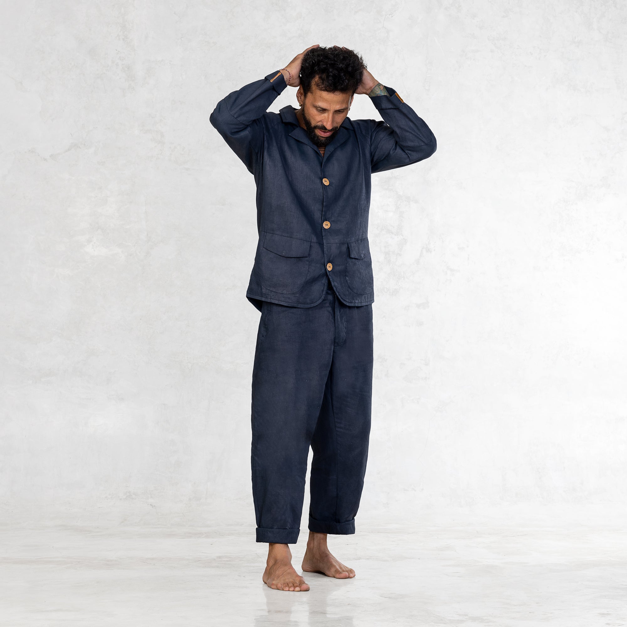 Indigo Linen Pants - Hand Painted Japanese-Inspired Trousers