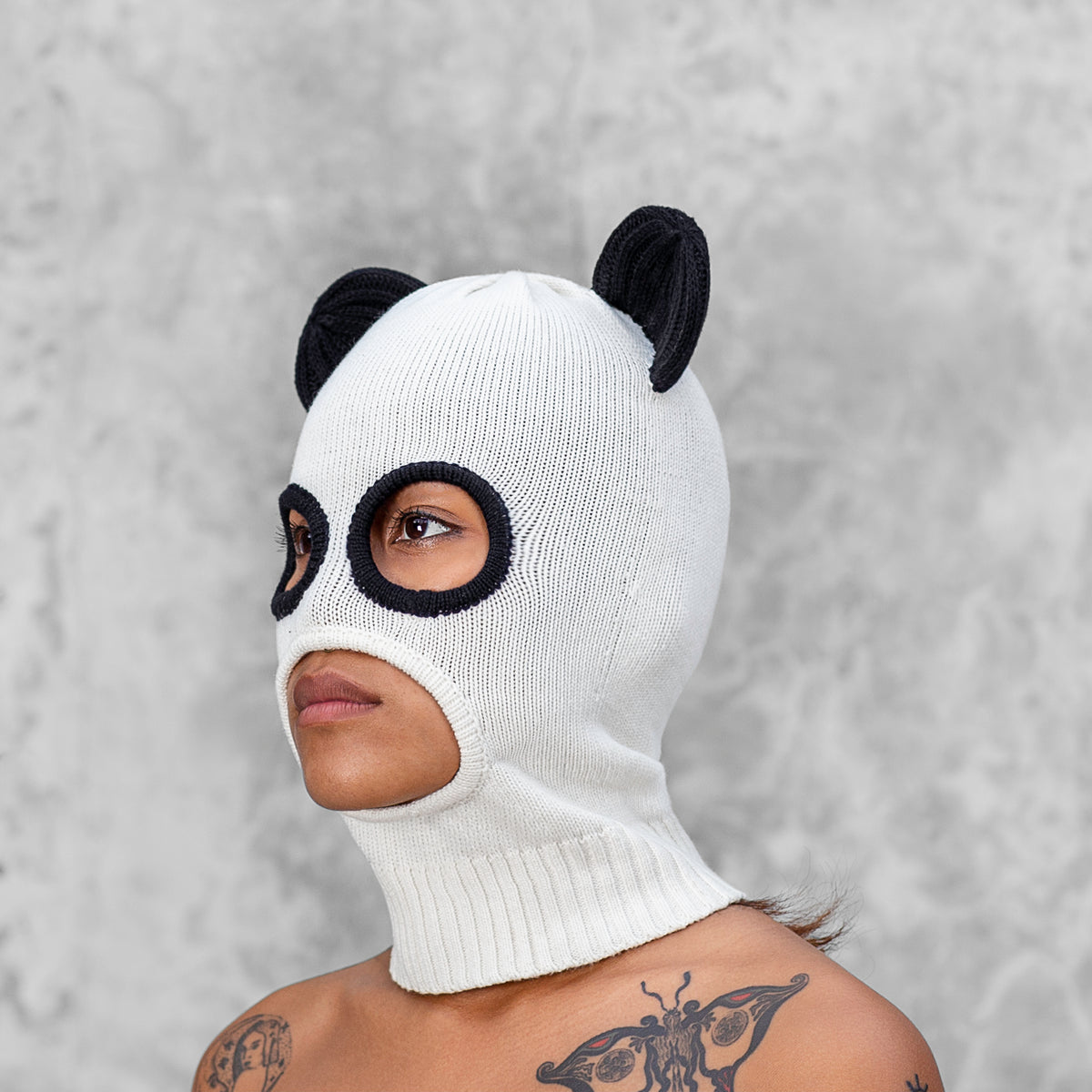 Woman in a panda balaclava