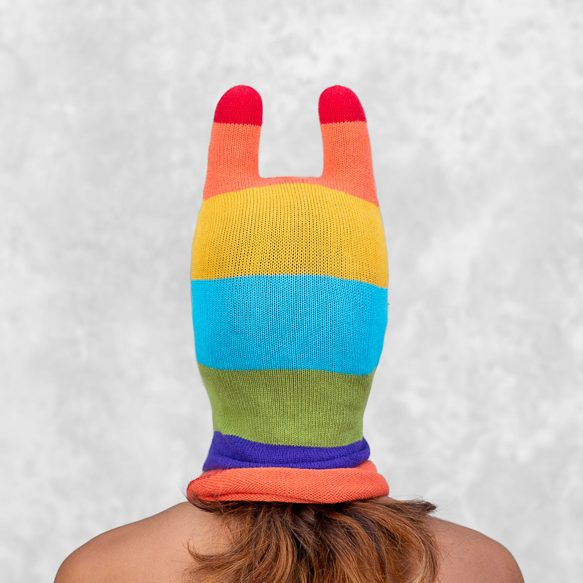 Adult Hand Knit Rainbow Bunny Ski Mask