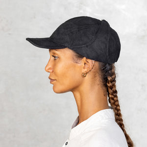Soft Brimmed Black Hat with Chin Strap